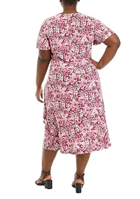 Plus Faux Wrap Dress with Flutter Sleeves and Ruffle Skirt
