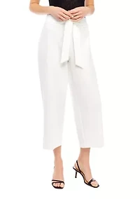 Petite Pull On Tie Front Wide Leg Cropped Pants