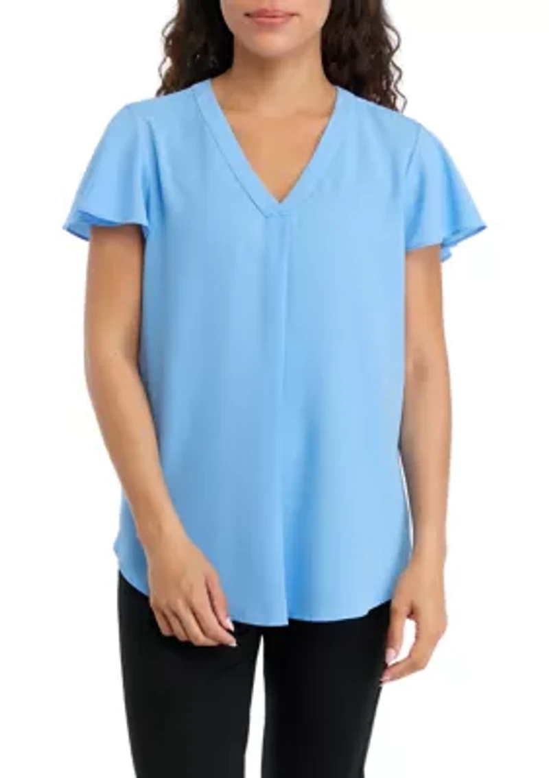 Petite V-Neck Pleat Front Tunic with Short Flutter Sleeves