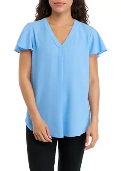 Petite V-Neck Pleat Front Tunic with Short Flutter Sleeves
