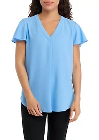 Petite V-Neck Pleat Front Tunic with Short Flutter Sleeves