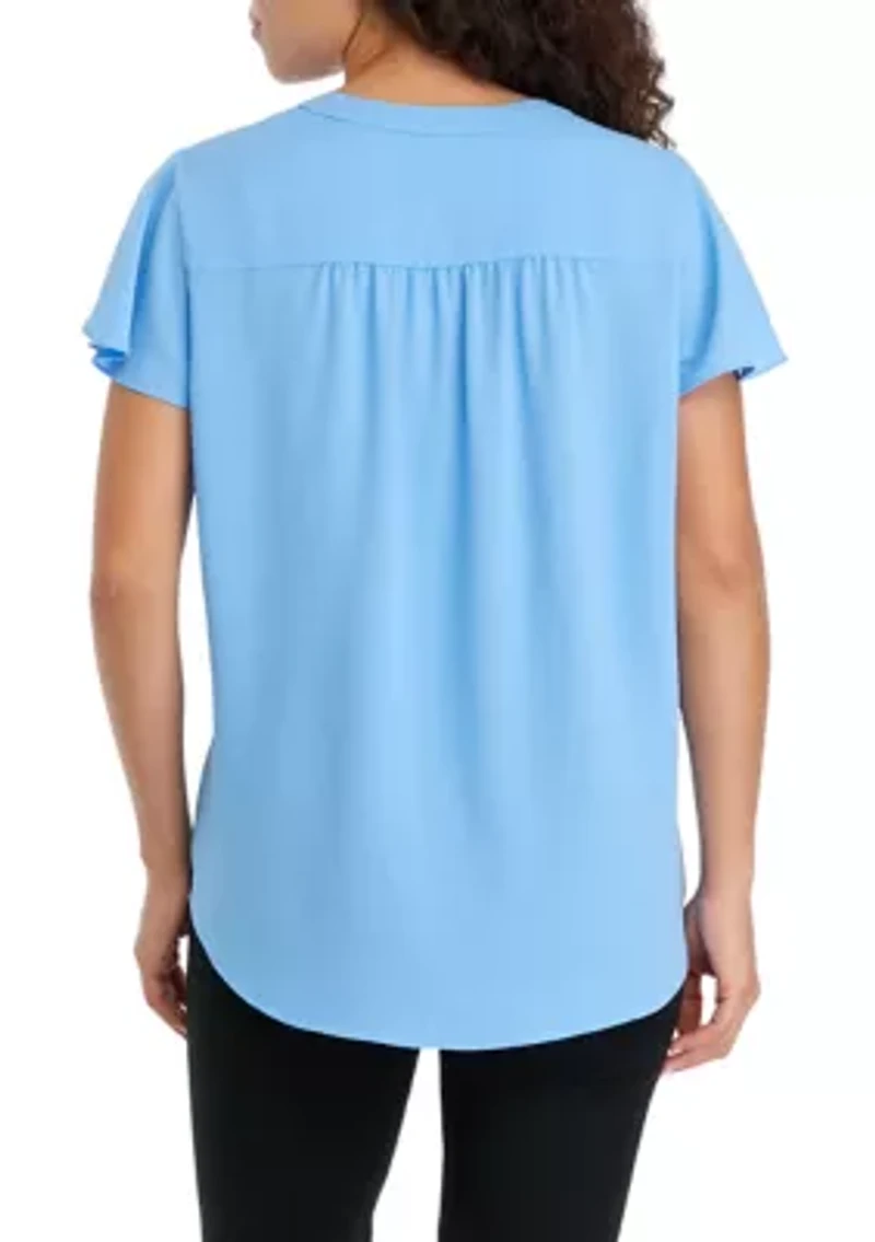 Petite V-Neck Pleat Front Tunic with Short Flutter Sleeves