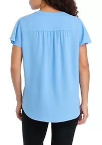 Petite V-Neck Pleat Front Tunic with Short Flutter Sleeves