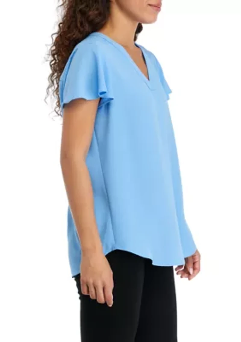Petite V-Neck Pleat Front Tunic with Short Flutter Sleeves