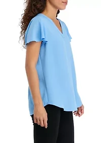 Petite V-Neck Pleat Front Tunic with Short Flutter Sleeves