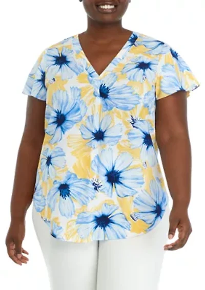 Plus Printed Pleat Front Top