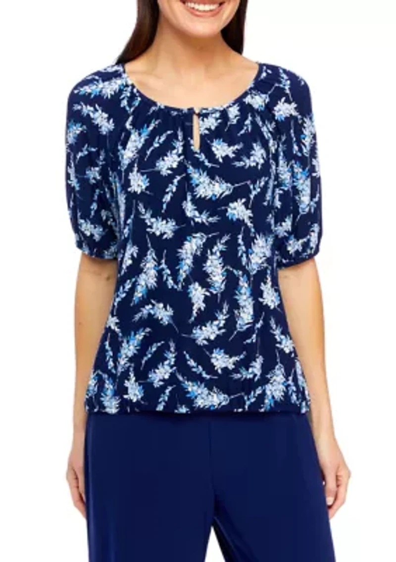 Petite Printed Elbow Sleeve Keyhole Peasant Top