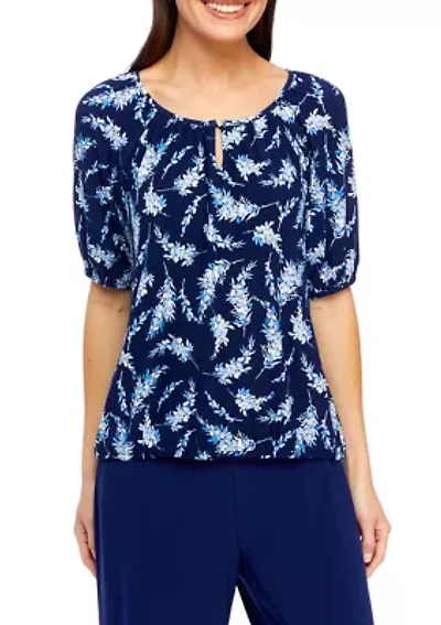 Petite Printed Elbow Sleeve Keyhole Peasant Top