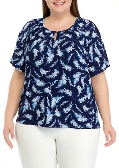 Plus Printed Peasant Top with Elastic Hem