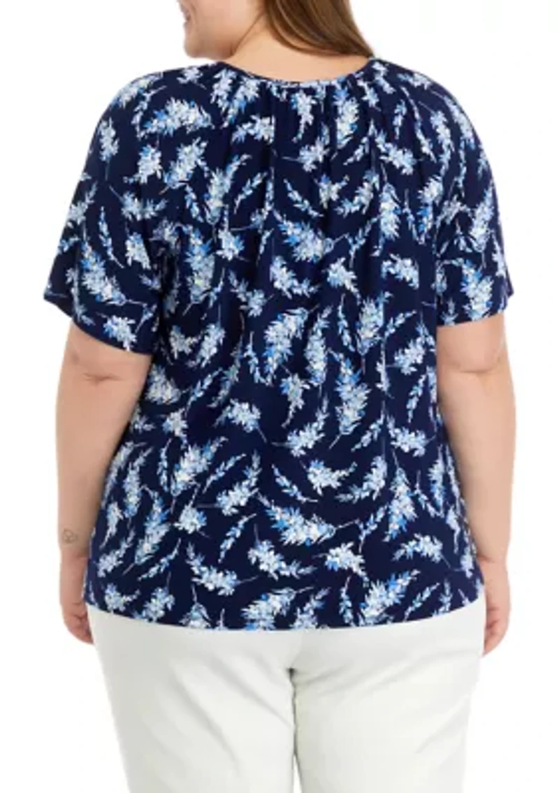Plus Printed Peasant Top with Elastic Hem