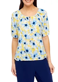 Petite Printed Elbow Sleeve Keyhole Peasant Top
