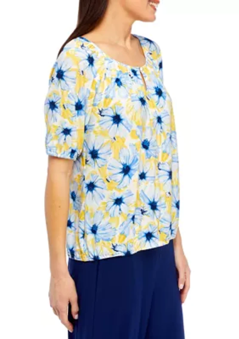 Petite Printed Elbow Sleeve Keyhole Peasant Top