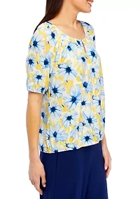 Petite Printed Elbow Sleeve Keyhole Peasant Top