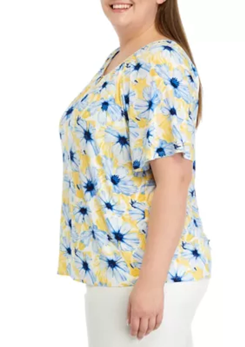 Plus Printed Peasant Top with Keyhole