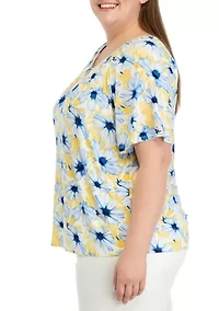 Plus Printed Peasant Top with Keyhole