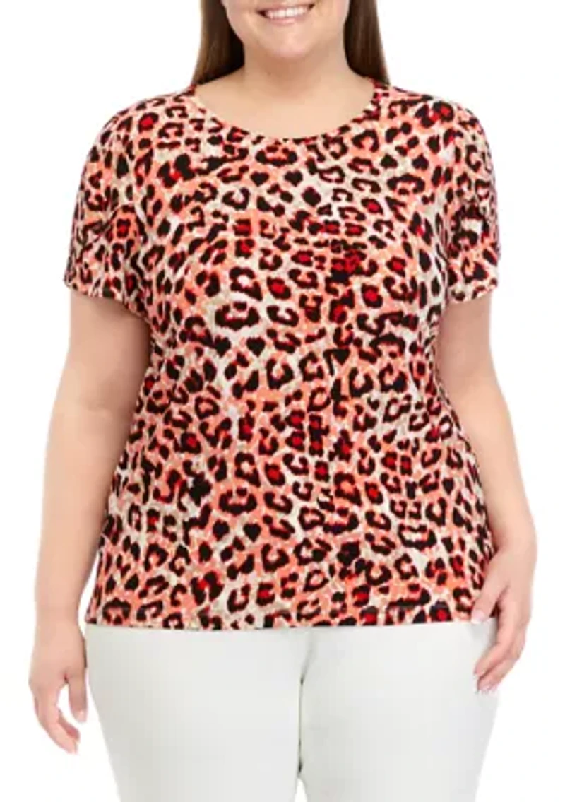 Plus Printed Short Gathered Tulip Sleeve Top
