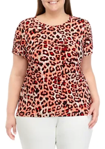 Plus Printed Short Gathered Tulip Sleeve Top