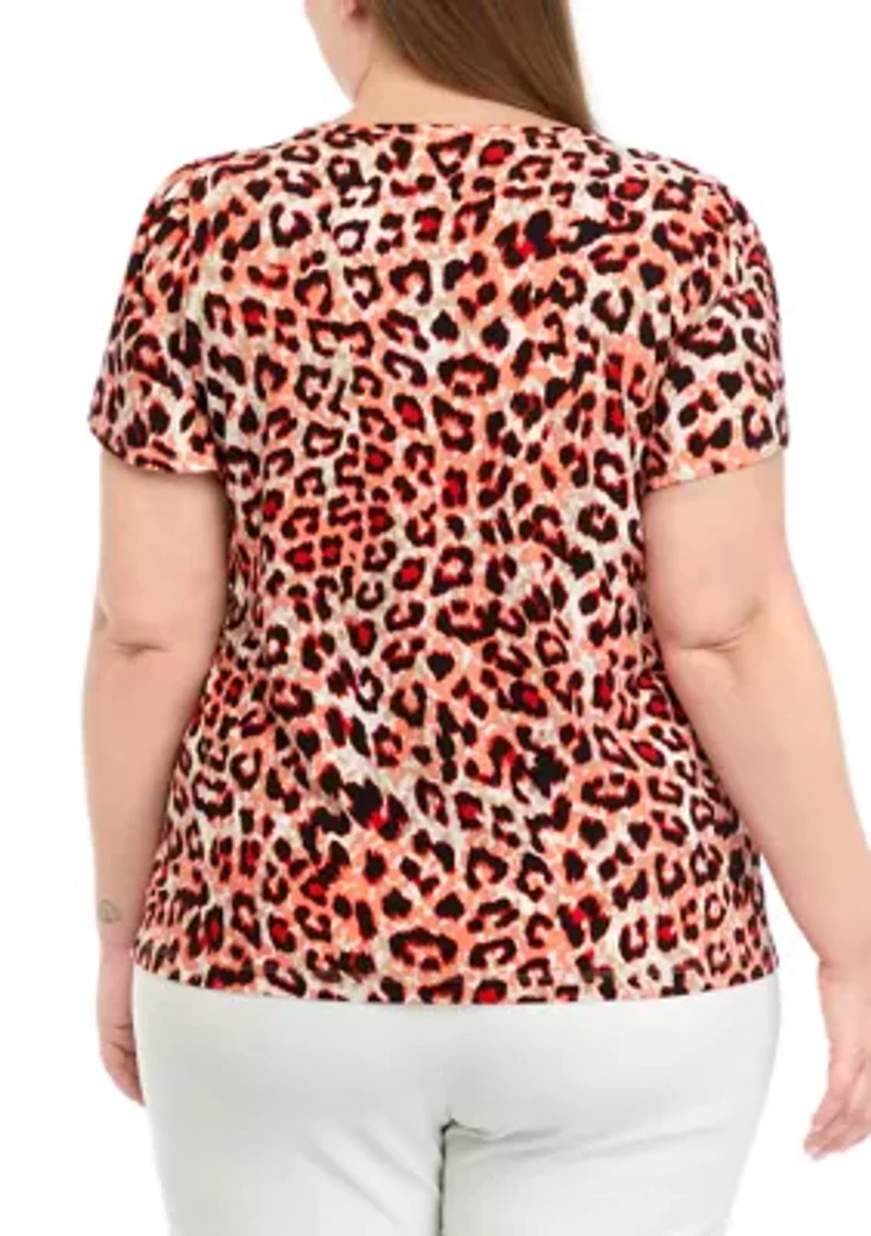 Plus Printed Short Gathered Tulip Sleeve Top