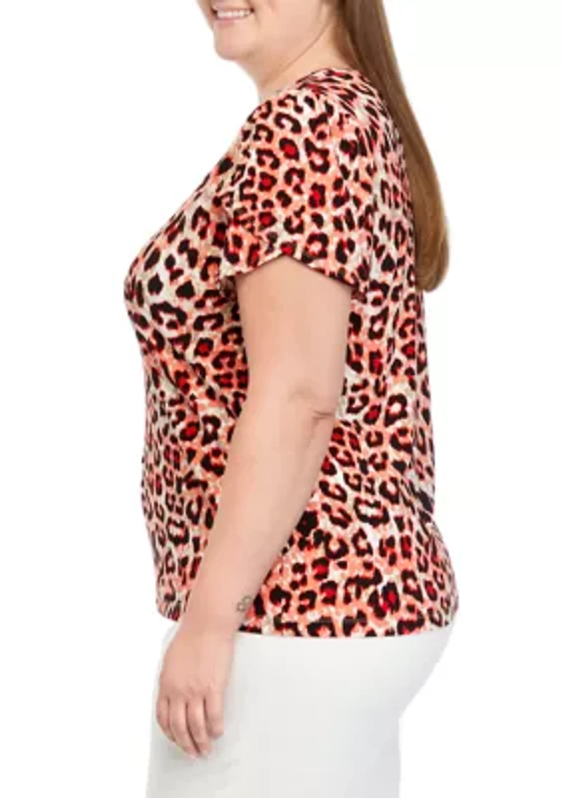 Plus Printed Short Gathered Tulip Sleeve Top