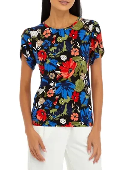 Petite Printed Short Gathered Tulip Sleeve Top