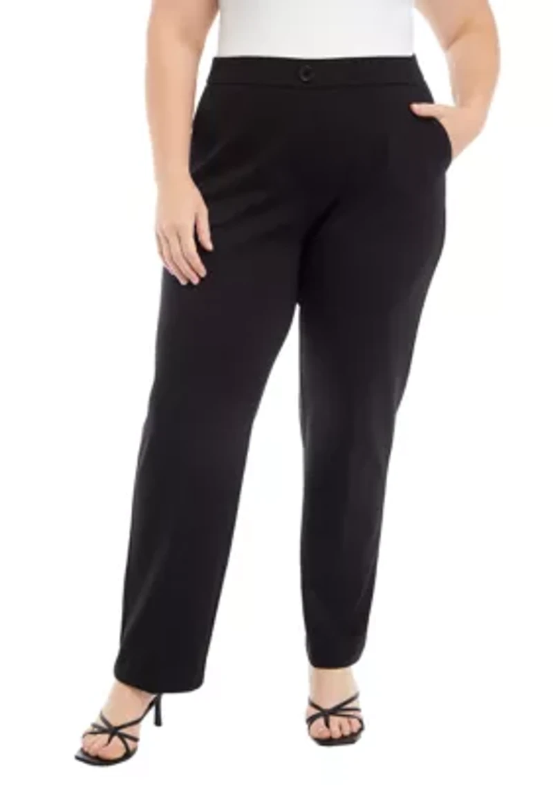 Plus Pull On One Button Faux Fly Straight Leg Ponte Pants