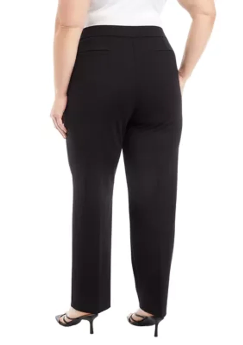 Plus Pull On One Button Faux Fly Straight Leg Ponte Pants