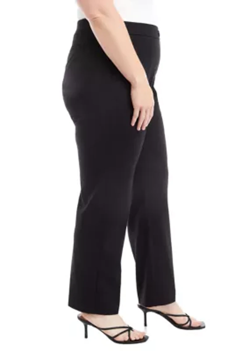 Plus Pull On One Button Faux Fly Straight Leg Ponte Pants