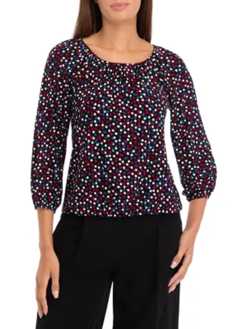 Petite Printed 3/4 Sleeve Shirred Peasant Top with Elastic Hem