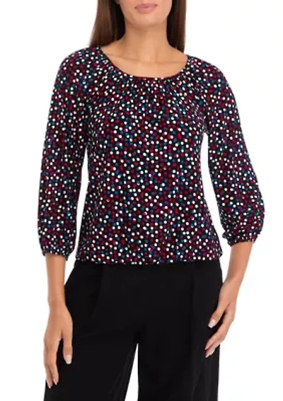 Petite Printed 3/4 Sleeve Shirred Peasant Top with Elastic Hem