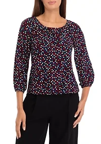 Petite Printed 3/4 Sleeve Shirred Peasant Top with Elastic Hem