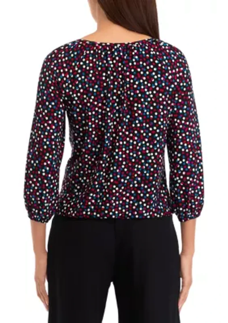 Petite Printed 3/4 Sleeve Shirred Peasant Top with Elastic Hem