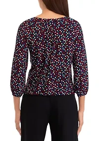 Petite Printed 3/4 Sleeve Shirred Peasant Top with Elastic Hem