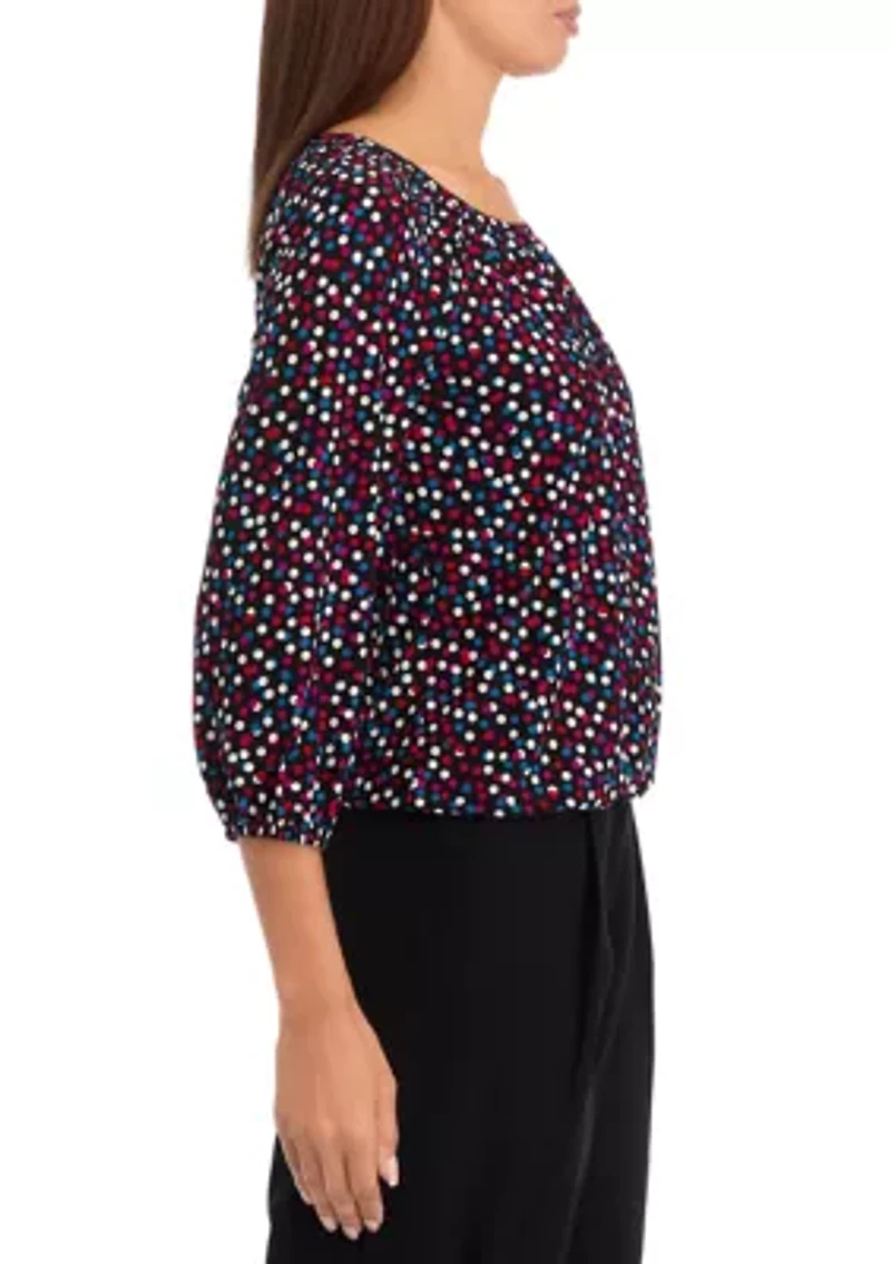 Petite Printed 3/4 Sleeve Shirred Peasant Top with Elastic Hem