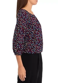 Petite Printed 3/4 Sleeve Shirred Peasant Top with Elastic Hem