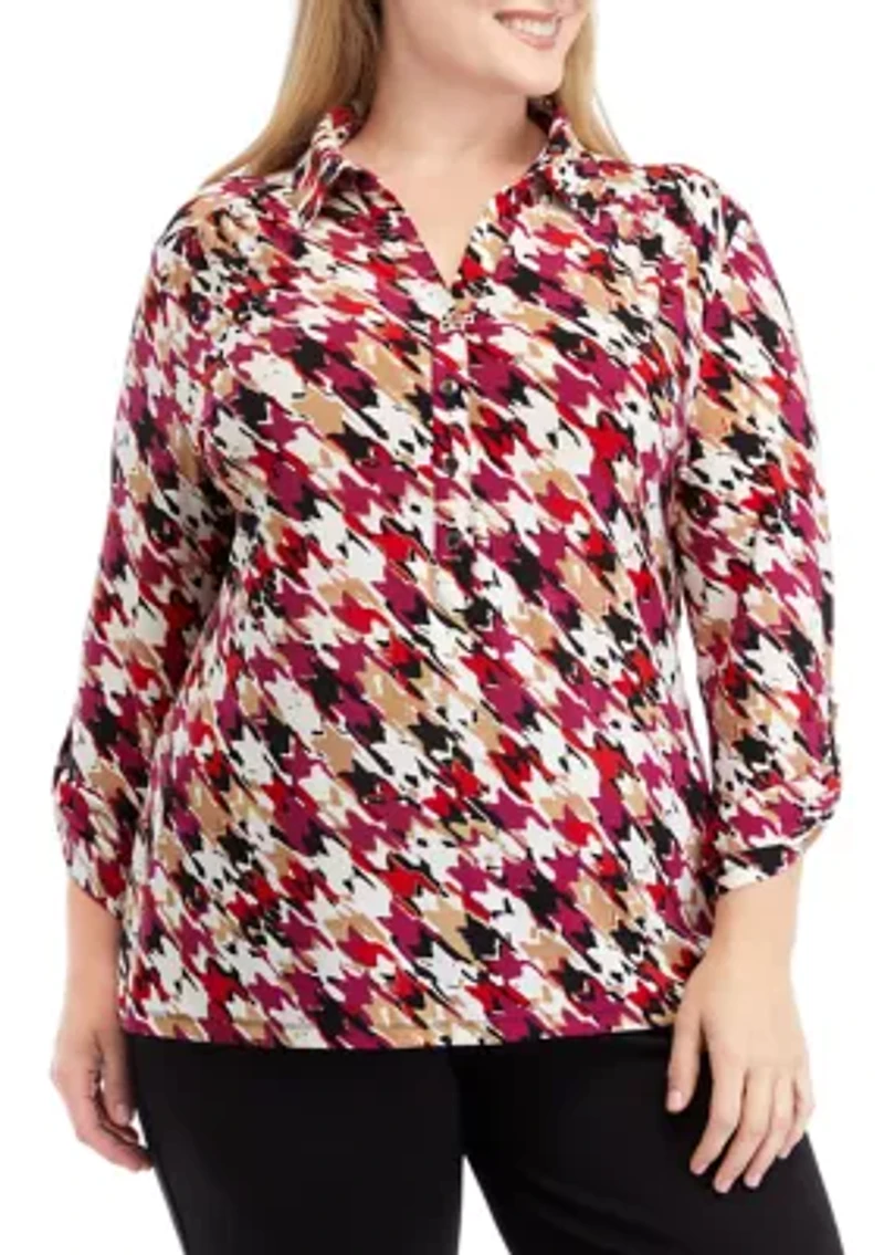 Plus Printed 3/4 Sleeve Scrunch Tab Collared Button Down Shirt