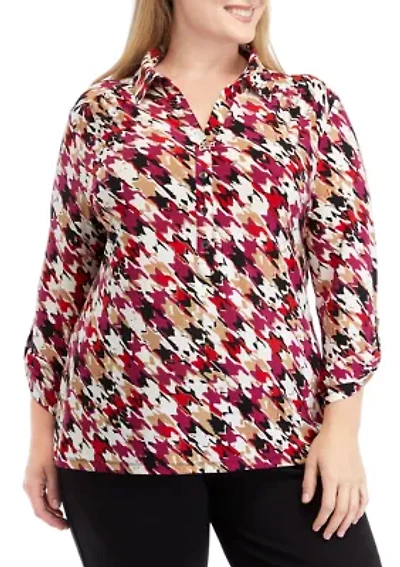 Plus Printed 3/4 Sleeve Scrunch Tab Collared Button Down Shirt