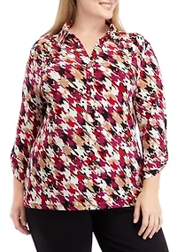 Plus Printed 3/4 Sleeve Scrunch Tab Collared Button Down Shirt