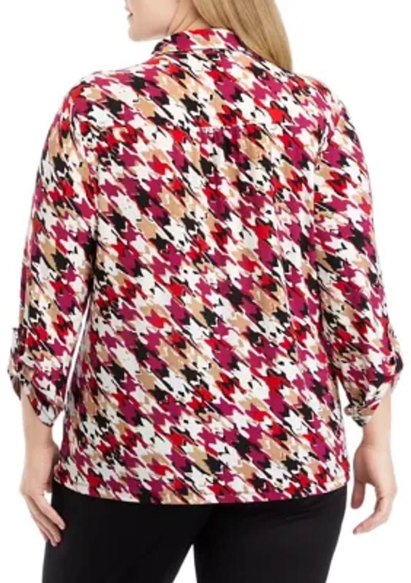 Plus Printed 3/4 Sleeve Scrunch Tab Collared Button Down Shirt