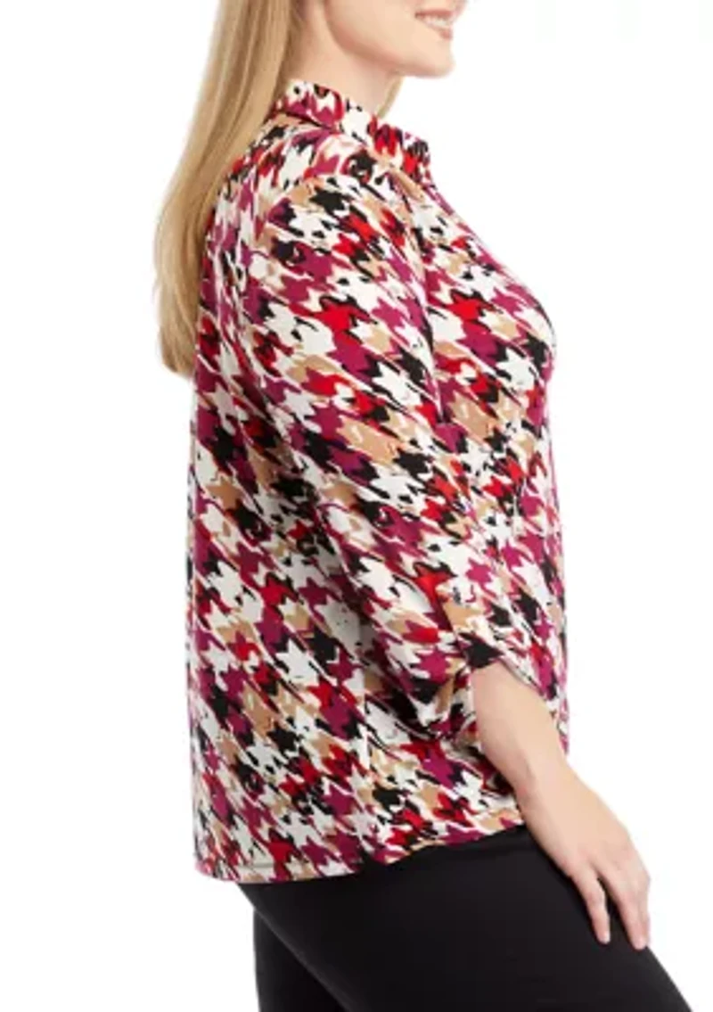Plus Printed 3/4 Sleeve Scrunch Tab Collared Button Down Shirt