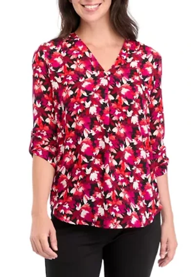 Petite V-Neck Tunic with Roll-Tab Sleeves
