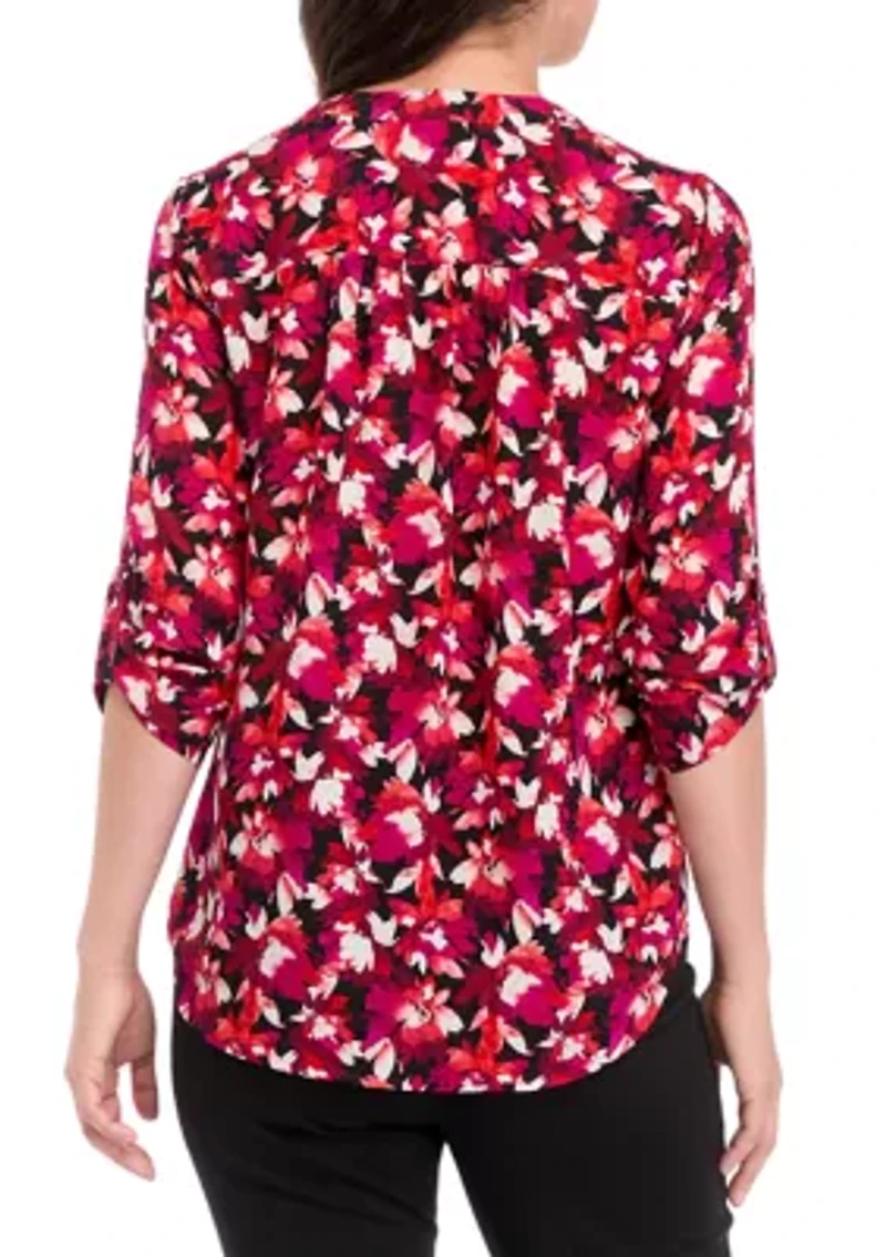 Petite V-Neck Tunic with Roll-Tab Sleeves