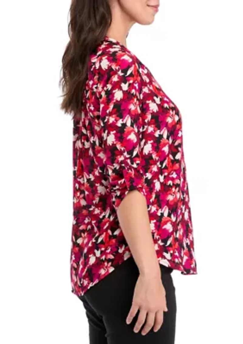 Petite V-Neck Tunic with Roll-Tab Sleeves