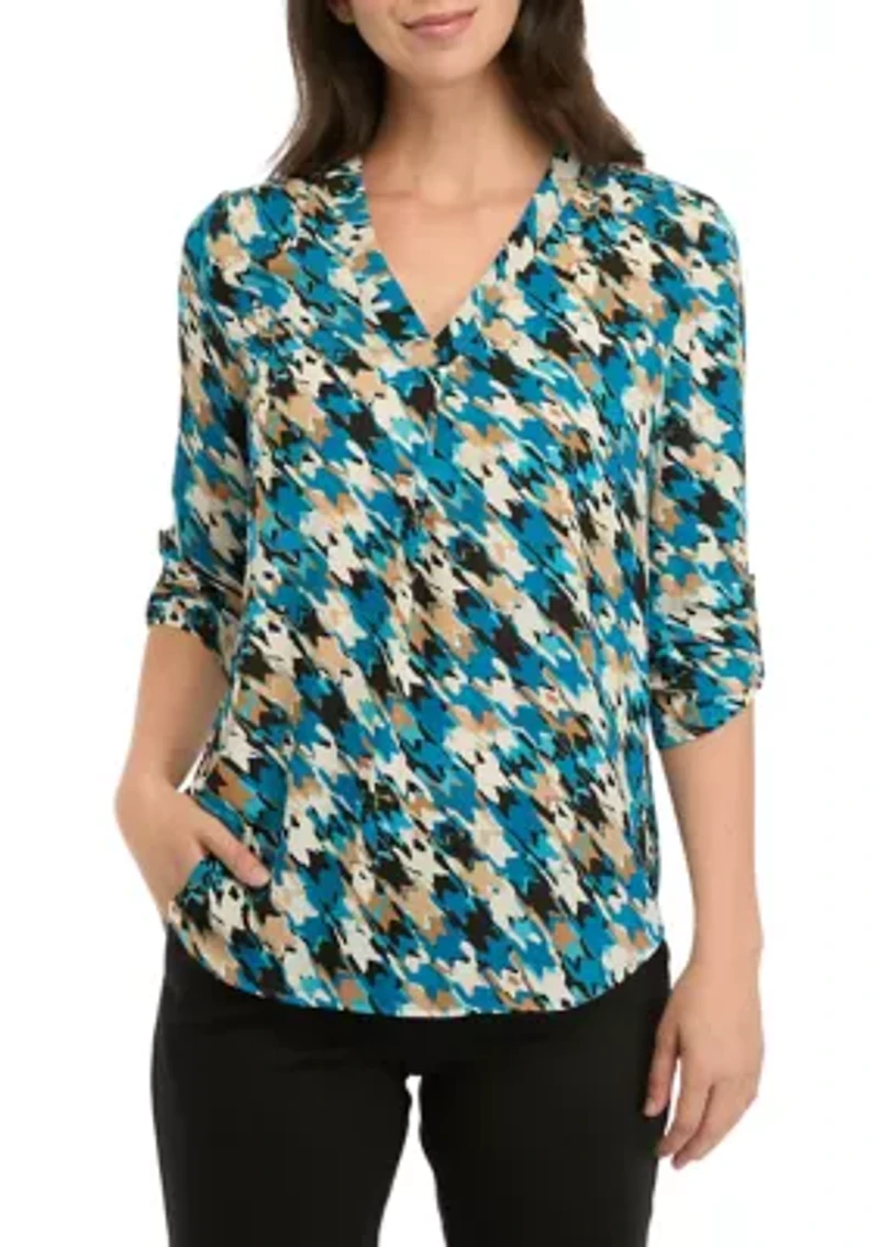 Petite V-Neck Tunic with Roll-Tab Sleeves