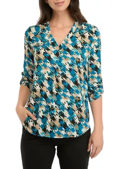Petite V-Neck Tunic with Roll-Tab Sleeves