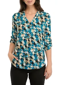 Petite V-Neck Tunic with Roll-Tab Sleeves