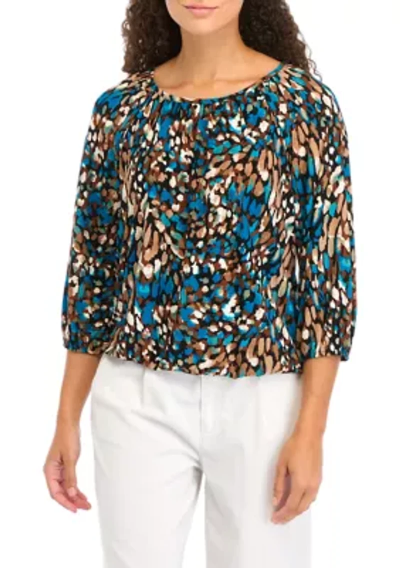Petite Printed 3/4 Sleeve Shirred Peasant Top with Elastic Hem
