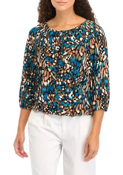 Petite Printed 3/4 Sleeve Shirred Peasant Top with Elastic Hem
