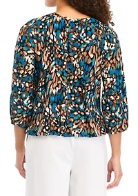 Petite Printed 3/4 Sleeve Shirred Peasant Top with Elastic Hem