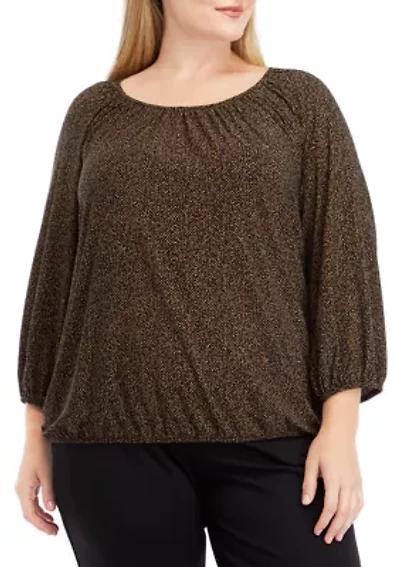 Plus Printed 3/4 Sleeve Shirred Peasant Top with Elastic Hem