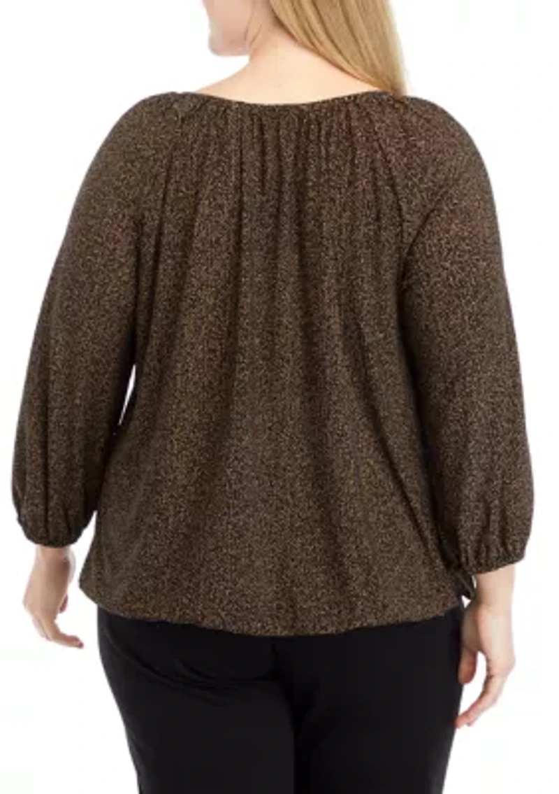 Plus Printed 3/4 Sleeve Shirred Peasant Top with Elastic Hem